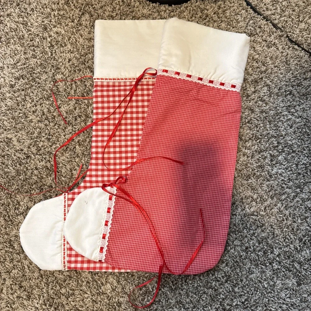 Set Of 2 Handmade Vintage Red Check Christmas Stockings 22
